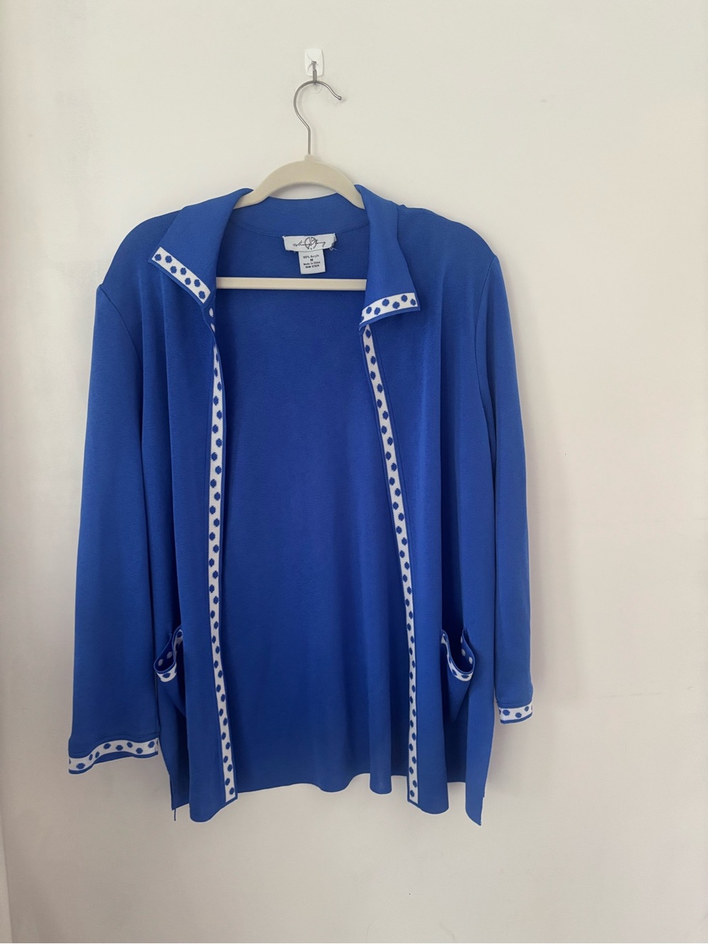 Ming Wang M Blue Women’s Open Cardigan with Polka Dot Trim